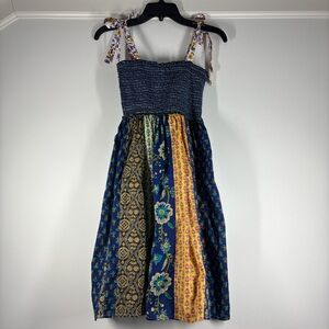 Young Threads Patchwork Smocked Mini Dress Tie Shoulders Boho Floral Size S NWT